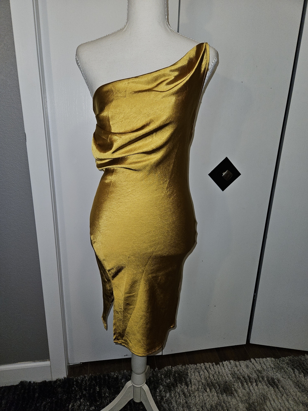 One-Shoulder Gold Satin Midi Dress